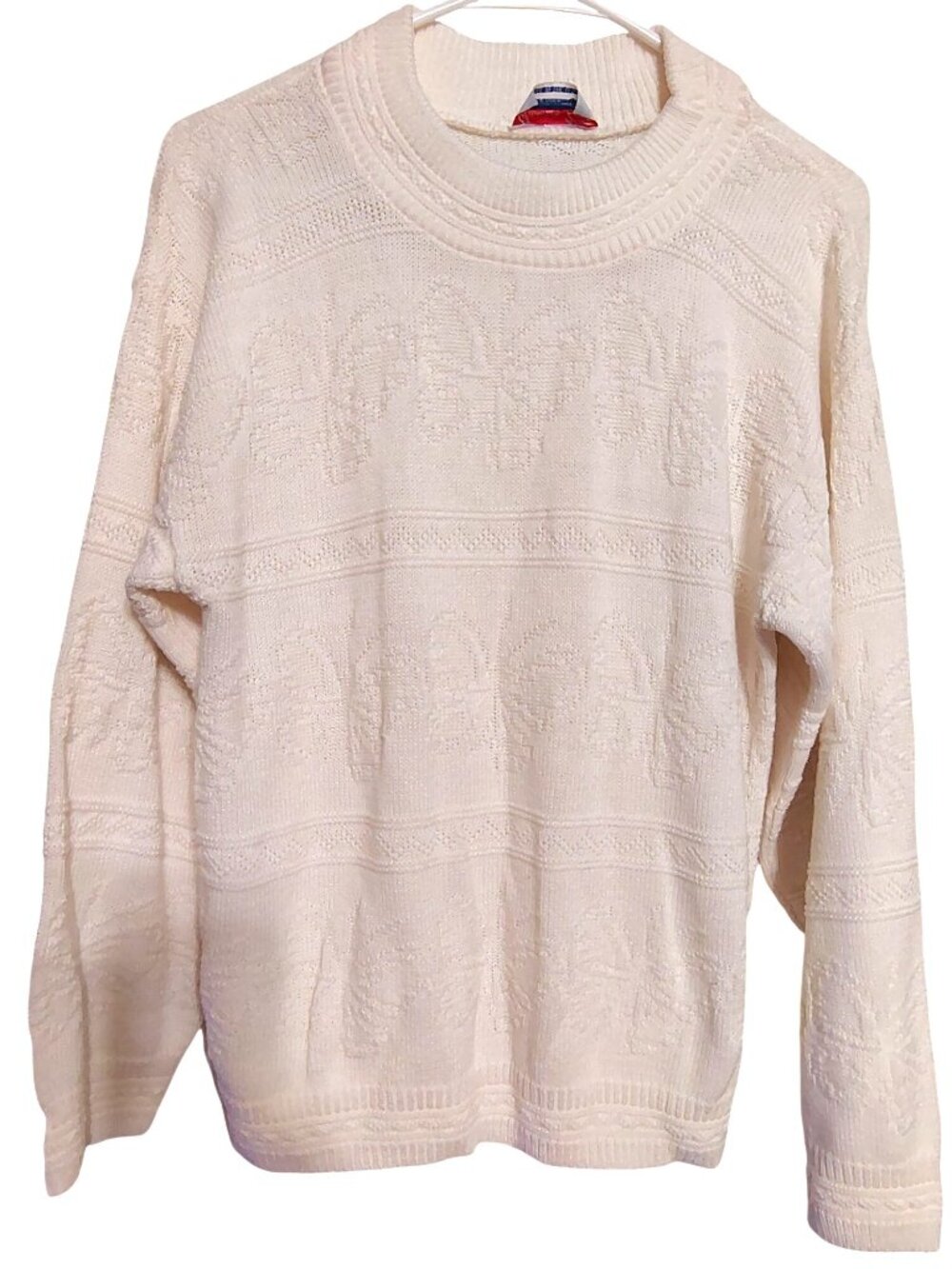 Vintage Glamour Knit Medium White Sweater Textured Butterfly Print, USA Grandma
